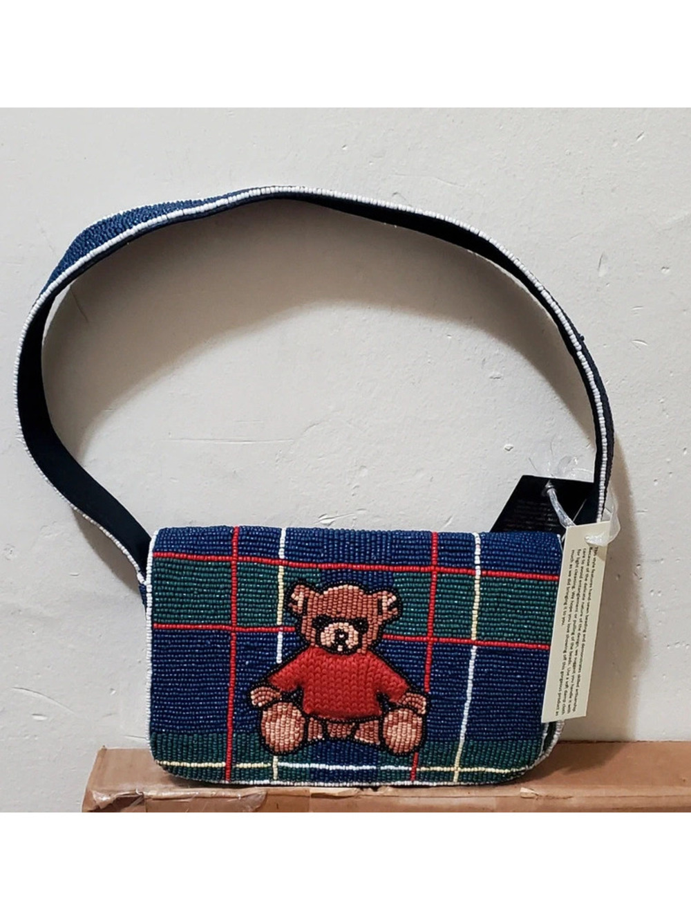 Hand Beaded Plaid Teddy Bear Purse Handbag Tartan Shoulder NWT India Artisans